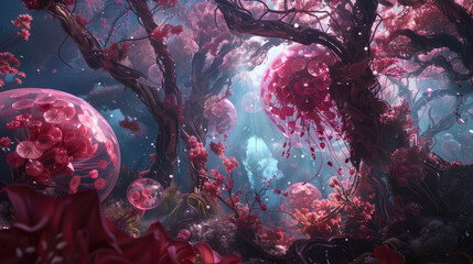 A vibrant painting depicting a lush forest teeming with an abundance of pink flowers in full bloom - obrazy, fototapety, plakaty
