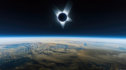 A solar eclipse is observed from space with the Earth in the background, showcasing the moon passing between the sun and our planet