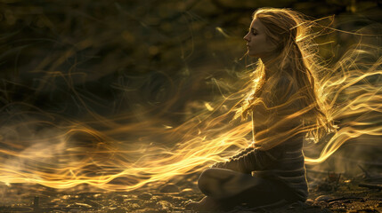 A tranquil scene of a woman meditating outdoors with her hair lit by the warm glow of the setting sun
