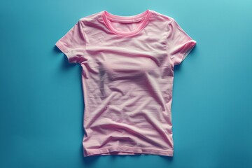 A pink pastel color of woman T shirt design isolated on a blue pink background for fashion ads marketing or shop with Marketing Concept art design. Generative AI.