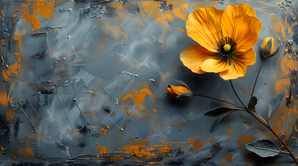 Yellow Wildflower Amidst Grey Textured Background | Oil Paint Texture, Copy Space, Frame, Sign,...