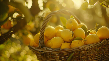 A basket filled with freshly picked lemons, their vibrant yellow skins shining in the sunlight.