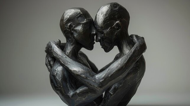A sculpture of two men hugging each other in a heart shape
