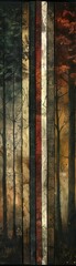 A painting of a forest with a red stripe in the middle