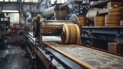 A factory with a conveyor belt that is moving paper - obrazy, fototapety, plakaty