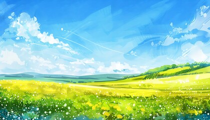 abstract watercolor illustration background depicting a field of rapeseed flowers under a clear blue sky