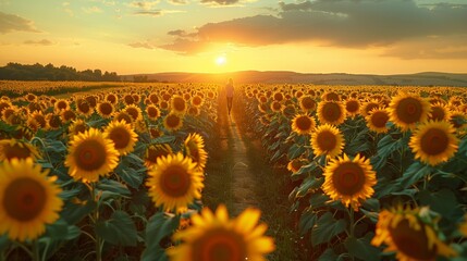 Fototapeta premium Radiant Sunflower Field at Dusk, generative ai