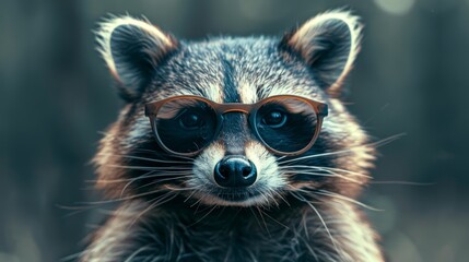 A raccoon wearing glasses is the main focus of the image - obrazy, fototapety, plakaty