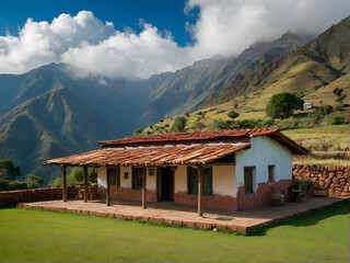 Traditional Andean House or old restaurant cafe with Panoramic Mountain View in the Peruvian Andes, Authentic Rural Retreat.
