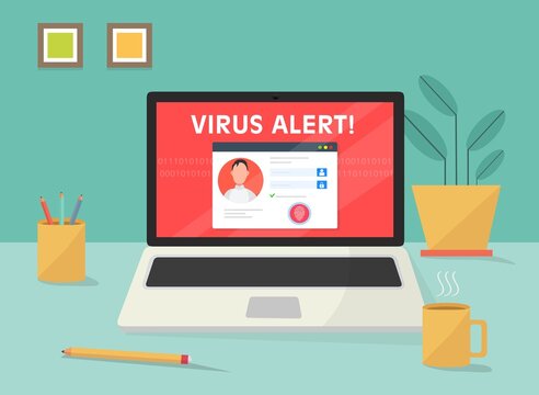 Avviso di notifica del segnale di avvertimento del teschio sullo schermo del computer portatile - illustrazioni email account id hacker VIRUS ALERT