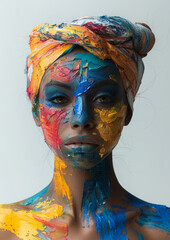 A captivating portrait featuring a model with her face and turban painted in a cascade of vivid...