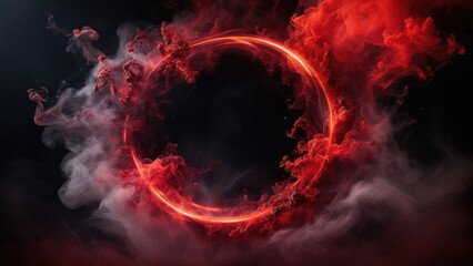 Circular Red Smoke explodes outward, with dramatic smoke or fog effect with a scary Dark background - obrazy, fototapety, plakaty
