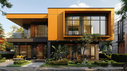A modern urban townhouse with a bold color scheme, large windows, and a small urban garden,