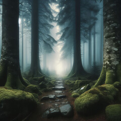Haunting Beauty: Rays of Light Piercing Through the Misty Forest, Awe-Inspiring Nature’s Mystery Unveiled - obrazy, fototapety, plakaty