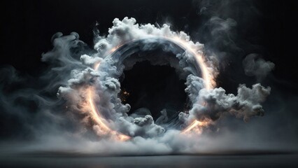 Circular White Smoke explodes outward, with dramatic smoke or fog effect with a scary Dark background
