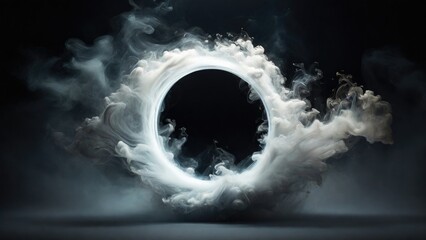 Circular White Smoke explodes outward, with dramatic smoke or fog effect with a scary Dark background - obrazy, fototapety, plakaty