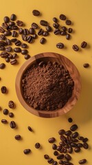 Coffee beans extract flour powder organic natural ingredient on wooden bowl story background