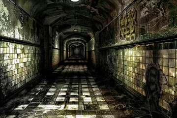 Naklejka na ściany i meble AI generated illustration of a desolate hallway with worn tiles on floor and walls