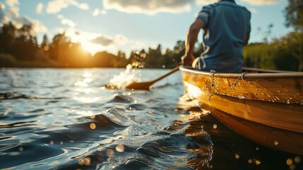 Detailed close-up photo of steering a wooden boat with oar on a sunny summer day