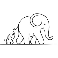 doodle of mom and baby elephant, Mom elephant and baby elephant walking trunk in trunk