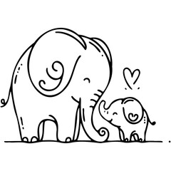 doodle of mom and baby elephant, Mom elephant and baby elephant in a loving