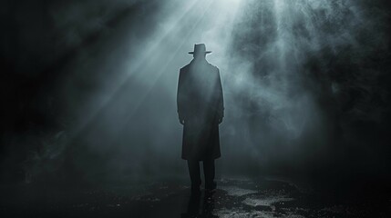 Obraz premium Noir Inspired Detective Silhouette in Spotlight, generative ai
