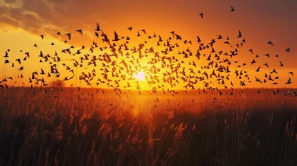 Badezimmer Foto Rückwand Sunset Silhouettes: Migratory Birds, generative ai © Matus