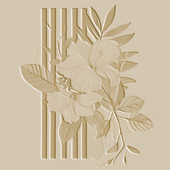 Striped 3d embossed floral seamless pattern. Textured relief cream color background. Repeat emboss backdrop. Surface stripes, branches, flowers, leaves. 3d beautiful ornament with embossing effect