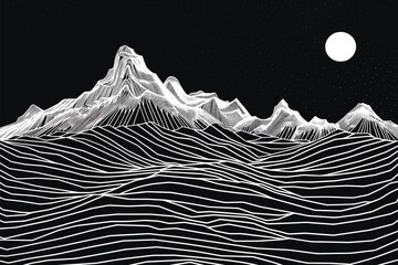 Black and white lines mountains moon stars galaxy landscape vector background. Modern monochrome line art japanese chinese style drawing mountains background - 790832716