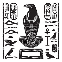 Egyptian hieroglyphs , eyes, birds border pattern. African ethnic white background with black  animals, birds, eyes, ancient egyptian ornaments. Vector african illustration - 790832739