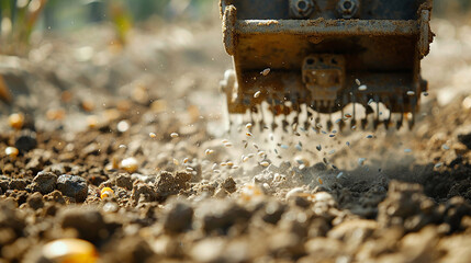A close-up of a hand-operated seed spreader releasing tiny seeds onto freshly tilled earth, ready to sprout new life.