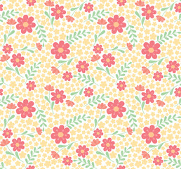 Seamless colorful pattern with red and yellow flowers and leaves. Vector cartoon backdrop in flat style	
