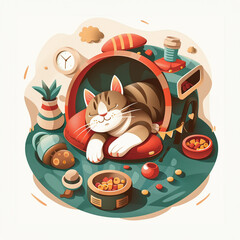 Cute sleeping domestic cat illustration. Lounging in a corner