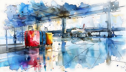 watercolor illustration of the back view of a traveler pulling a suitcase - obrazy, fototapety, plakaty