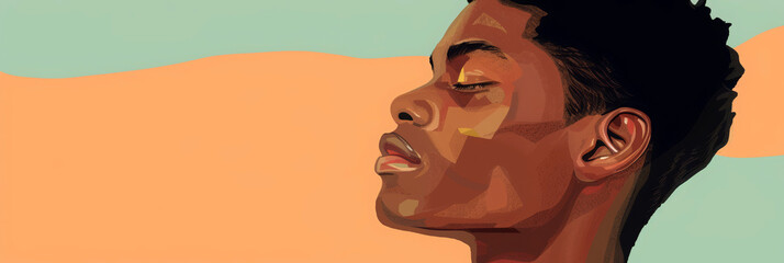 African American male model with contemporary cool hairstyle fashion illustration on colorful background.