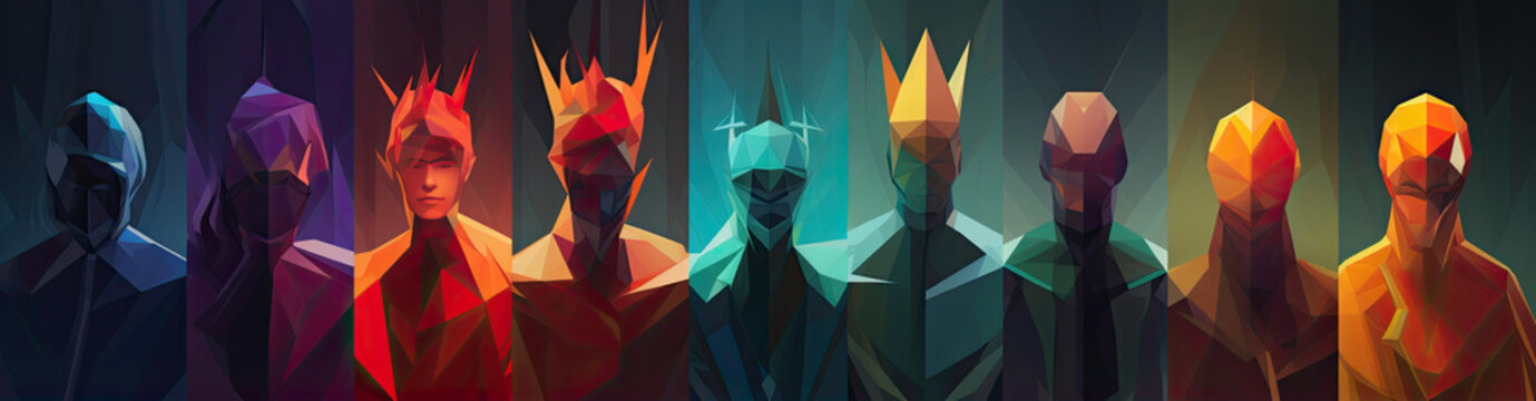 An abstract illustration portrays a regal ensemble of kings, exuding power, majesty, and timeless authority.