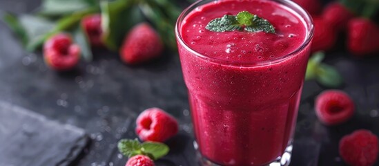 Giraffe smoothie with raspberries and mint leaves on a table
