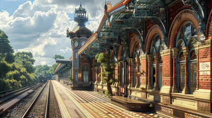 A Victorian-era train station with ornate brickwork, arched windows, and a clock tower rising above the platform. - Powered by Adobe