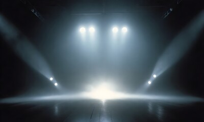 Dramatic stage with bright spotlights shining through fog or mist, creating an atmospheric and mysterious scene - obrazy, fototapety, plakaty