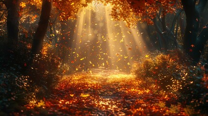 Fototapeta premium Golden Leaves on a Magical Forest Path, generative ai