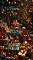 Christmas presents are piled on a table with a christmas tree. Vertical background