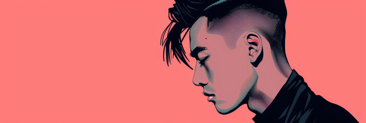 Chinese male model fashion beauty illustration with fade hairstyle on colorful background.  - obrazy, fototapety, plakaty
