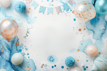A blue and white watercolor background with a frame of party supplies and decorations.