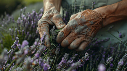 A pair of weathered hands carefully tying up bundles of freshly cut lavender, the fragrant blooms filling the air with their perfume.
