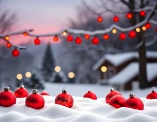 A snowy winter landscape with red Christmas ornaments in the foreground, surrounded by a blurred background with soft, glowing lights