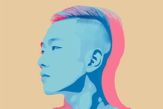 Chinese male model fashion beauty illustration with fade hairstyle on colorful background. 
