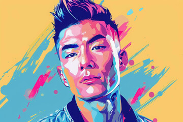 Chinese male model fashion beauty illustration with fade hairstyle on colorful background.  - obrazy, fototapety, plakaty