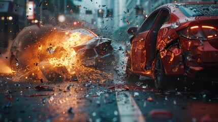Two cars collide at an intersection, with sparks and debris flying.. Created with Generative AI.