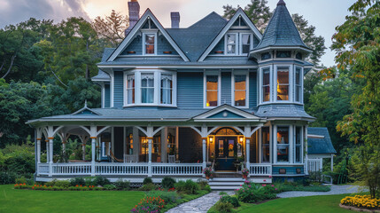 Fototapeta na wymiar Elegant bay windows and a sprawling wrap-around porch enhancing the charm of a Victorian home.