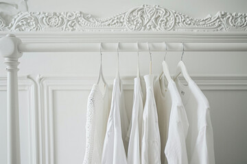 Empty white clothes rack in a minimalistic room with white walls and ceiling, showcasing simplicity and cleanliness
